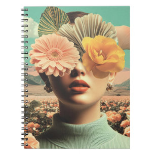 Surrealistisch vrouwelijk portret met bloemen die notitieboek