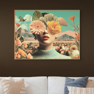 Surrealistisch vrouwenportret met bloemen die de o canvas afdruk