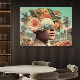 Surrealistisch vrouwenportret met bloemenelementen poster