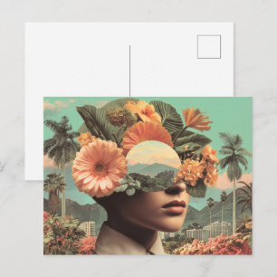 Surrealistisch vrouwenportret met bloemmotieven briefkaart