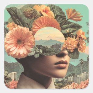 Surrealistisch vrouwenportret met bloemmotieven vierkante sticker