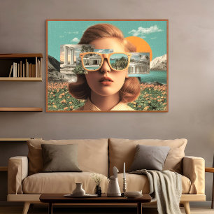 Surrealistisch vrouwenportret met retro zonnebril canvas afdruk