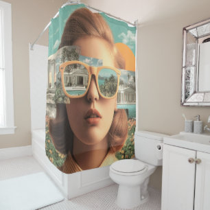 Surrealistisch vrouwenportret met retro zonnebril douchegordijn