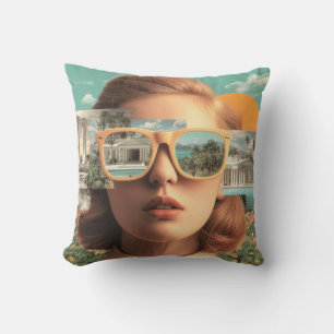 Surrealistisch vrouwenportret met retro zonnebril kussen