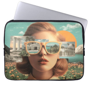 Surrealistisch vrouwenportret met retro zonnebril laptop sleeve