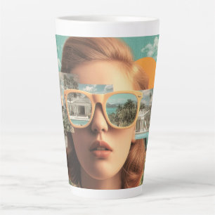 Surrealistisch vrouwenportret met retro zonnebril latte mok