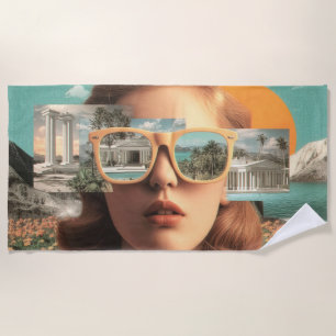 Surrealistisch vrouwenportret met retro zonnebril strandlaken