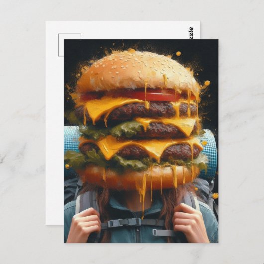 Surrealistisch wandelen met een cheeseburger in mi briefkaart (Voorkant / Achterkant)