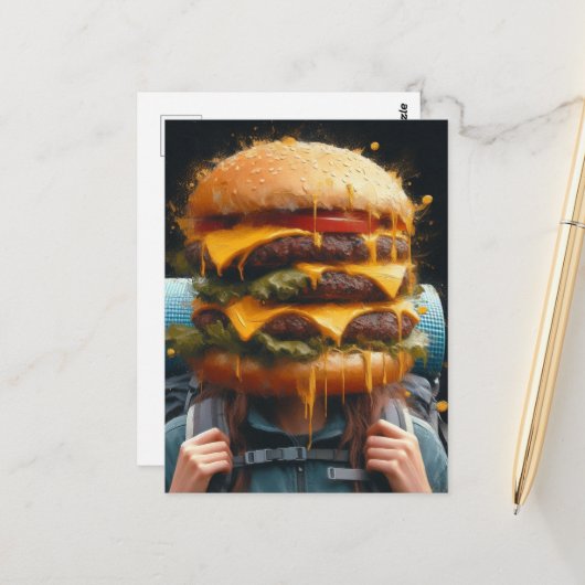 Surrealistisch wandelen met een cheeseburger in mi briefkaart (Voorkant / Achterkant in situ)