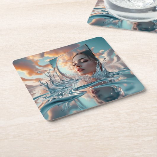 Surrealistisch waterspiegelportret - het gezicht v kartonnen onderzetters (Schuin)