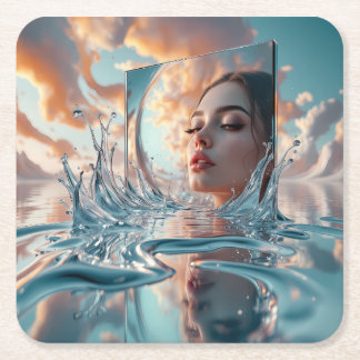 Surrealistisch waterspiegelportret - het gezicht v kartonnen onderzetters