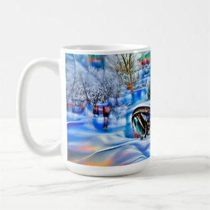 Surrealistisch winterwonderland met iriserende lic koffiemok