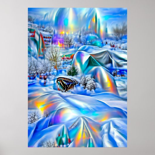 Surrealistisch winterwonderland met iriserende lic poster (Voorkant)