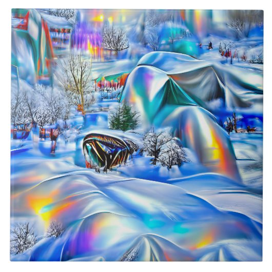 Surrealistisch winterwonderland met iriserende lic tegeltje (Voorkant)