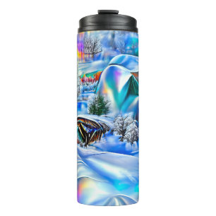 Surrealistisch winterwonderland met iriserende lic thermosbeker