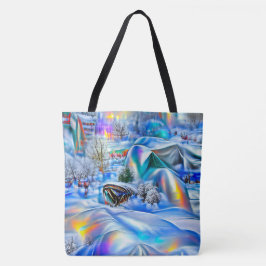 Surrealistisch winterwonderland met iriserende lic tote bag
