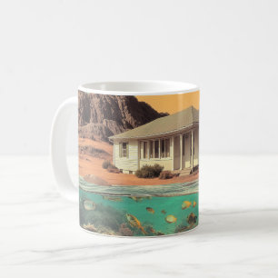 Surrealistisch woestijn huis met onderwater rif koffiemok