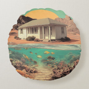Surrealistisch woestijn huis met onderwater rif rond kussen
