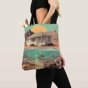 Surrealistisch woestijn huis met onderwater rif tote bag