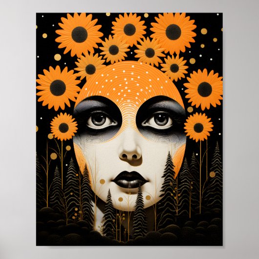 Surrealistisch zonnebloemgezicht hemels poster (Voorkant)