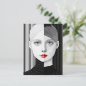 Surrealistisch zwart en wit gezicht rode lippen briefkaart (Staand voorkant)