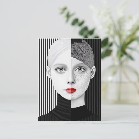 Surrealistisch zwart en wit gezicht rode lippen briefkaart (Staand voorkant)