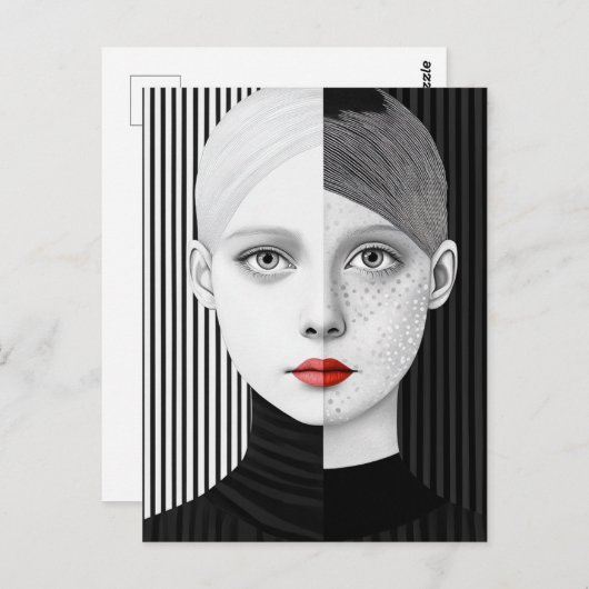 Surrealistisch zwart en wit gezicht rode lippen briefkaart (Voorkant / Achterkant)