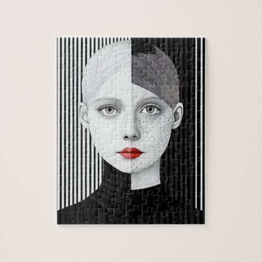Surrealistisch zwart en wit gezicht rode lippen legpuzzel (Verticaal)