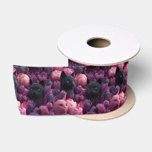 Surrealistisch zwart kat en roze pioen bloemmotief satijnen lint