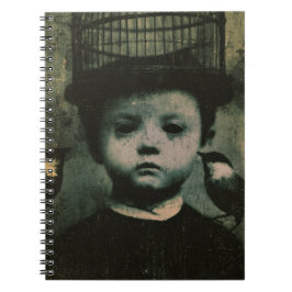 Surrealistisch zwart-wit kooi vogel en kind retro notitieboek