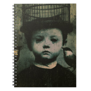 Surrealistisch zwart-wit kooi vogel en kind retro notitieboek