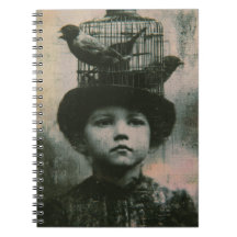 Surrealistisch zwart-wit kooi vogel en kind retro