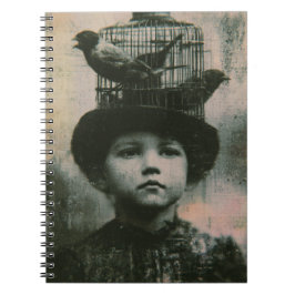 Surrealistisch zwart-wit kooi vogel en kind retro notitieboek