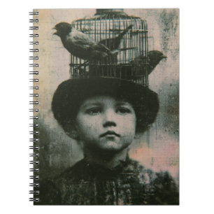 Surrealistisch zwart-wit kooi vogel en kind retro notitieboek