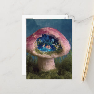 Surrealistisch zwembad in een roze paddenstoel briefkaart