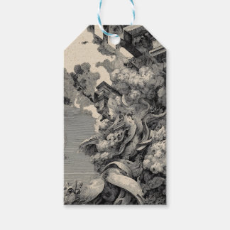 Surrealistische architectuur met vogels en wolken cadeaulabel