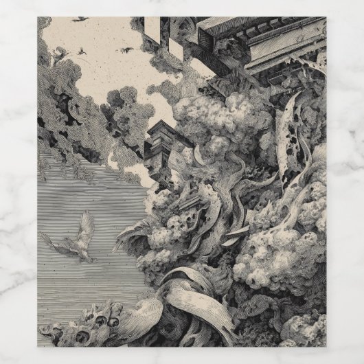 Surrealistische architectuur met vogels en wolken wijn etiket (Enkel label)