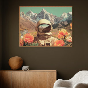 Surrealistische astronaut in bloemenveld canvas afdruk