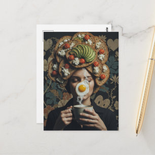 Surrealistische avocado toast tomaat en koffie vro briefkaart