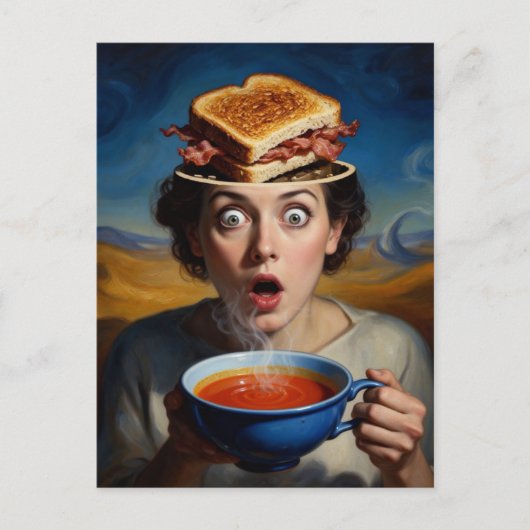 Surrealistische bacon sandwich en soep briefkaart (Voorkant)