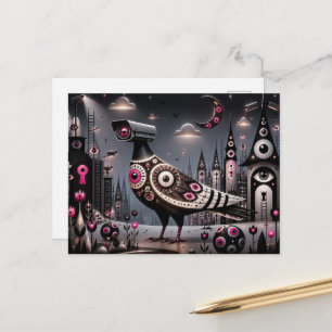 surrealistische bewakingscamera duif in stad briefkaart