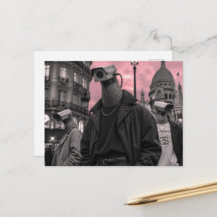 surrealistische bewakingscamera duiven roze grijs briefkaart