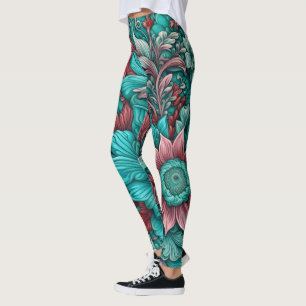 Surrealistische bloemen, cyaan blauw rood en roze leggings