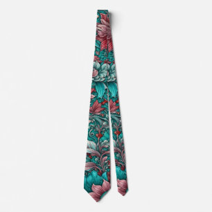 Surrealistische bloemen, cyaan blauw rood stropdas