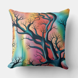 Surrealistische bomen op regenboog - gekleurde ach kussen