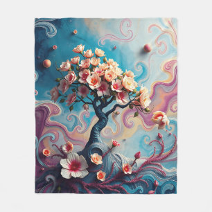 Surrealistische boom met bloeiende bloemen fleece deken