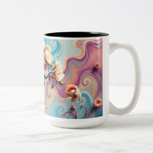Surrealistische boom met bloeiende bloemen tweekleurige koffiemok