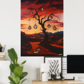 Surrealistische boom met klokken bij zonsondergang poster (Thuiskantoor)