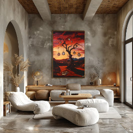 Surrealistische boom met klokken bij zonsondergang poster