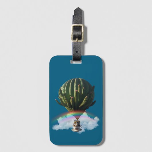 Surrealistische Cat Hete Luchtballon met Cactus &  Bagagelabel (Voorkant (verticaal))